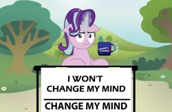 Size: 1024x662 | Tagged: safe, derpibooru import, edit, starlight glimmer, pony, change my mind, paradox, subverted meme