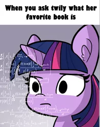 Size: 1501x1910 | Tagged: safe, artist:tjpones, derpibooru import, edit, twilight sparkle, pony, book, bookhorse, bust, ear fluff, math, math lady meme, meme, portrait, purple smart, solo, that pony sure does love books