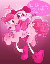 Size: 2032x2592 | Tagged: safe, artist:glamourcoffee, derpibooru import, pinkie pie, earth pony, pony, carrying, dialogue, female, gradient background, holding a pony, mare, pink, similarities, spinel (steven universe), spoilers for another series, steven universe, steven universe: the movie