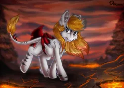 Size: 1024x734 | Tagged: safe, artist:deraniel, derpibooru import, oc, oc:silver hush, pony, female, lava, mare, sky, solo, tree