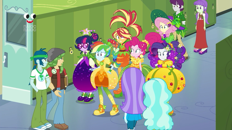 Size: 1280x720 | Tagged: safe, derpibooru import, screencap, applejack, aqua blossom, captain planet, fluttershy, indigo wreath, paisley, pinkie pie, rainbow dash, rarity, sandalwood, sci-twi, starlight, sunset shimmer, twilight sparkle, equestria girls, equestria girls series, holidays unwrapped, spoiler:eqg series (season 2), background human, canterlot high, clothes, converse, cornucopia costumes, dress, female, glasses, hands in pockets, humane five, humane seven, humane six, inflatable, inflatable dress, lockers, male, o come all ye squashful, pants, plusplus, shoes, sneakers