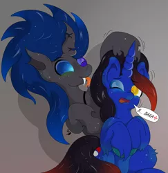 Size: 6534x6721 | Tagged: safe, artist:lunarcipher1, derpibooru import, oc, changeling, unicorn, absurd resolution, blue changeling, blushing, caption, cracked horn, cute, duo, duo male, embarrassed, fangs, horn, image macro, long mane, looking up, male, noogie, one eye closed, simple background, sitting, stallion, text, tongue out