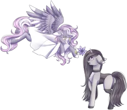 Size: 2165x1875 | Tagged: safe, artist:shiromidorii, derpibooru import, oc, unofficial characters only, pegasus, pony, unicorn, clothes, corset, dress, female, flower, mare, simple background, socks, transparent background