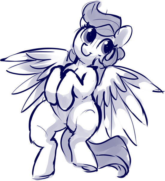 Size: 1776x1937 | Tagged: safe, artist:dimfann, derpibooru import, oc, pegasus, pony, anatomically incorrect, female, hooves to the chest, human shoulders, mare, monochrome, on back, simple background, sketch, smiling, solo, spread wings, white background, wings