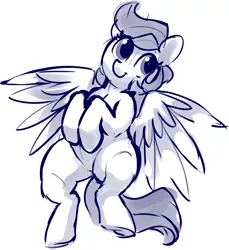 Size: 1776x1937 | Tagged: safe, artist:dimfann, derpibooru import, oc, pegasus, pony, anatomically incorrect, female, hooves to the chest, human shoulders, mare, monochrome, on back, simple background, sketch, smiling, solo, spread wings, white background, wings