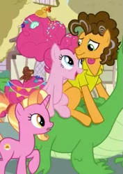Size: 479x678 | Tagged: safe, derpibooru import, screencap, cheese sandwich, gummy, luster dawn, pinkie pie, earth pony, pony, unicorn, the last problem, cheesepie, cropped, cuddling, female, looking at each other, male, mare, older, older cheese sandwich, older gummy, older pinkie pie, open mouth, pony history, raised hoof, shipping, stallion, straight