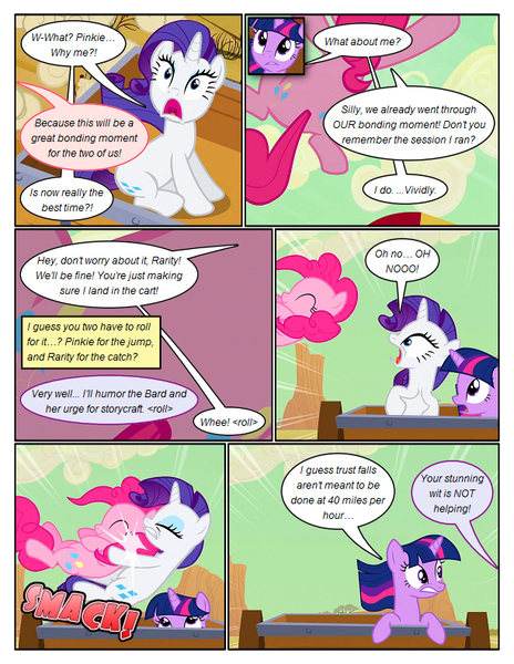 Size: 612x792 | Tagged: safe, artist:newbiespud, derpibooru import, edit, edited screencap, screencap, pinkie pie, rarity, twilight sparkle, earth pony, pony, unicorn, comic:friendship is dragons, the last roundup, carriage, comic, dialogue, ducking, eyes closed, falling, female, jumping, looking down, looking up, mare, offscreen character, onomatopoeia, screencap comic, shocked, smiling, unicorn twilight