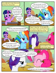 Size: 612x792 | Tagged: safe, artist:newbiespud, derpibooru import, edit, edited screencap, screencap, pinkie pie, rainbow dash, rarity, twilight sparkle, earth pony, pegasus, pony, unicorn, comic:friendship is dragons, the last roundup, angry, annoyed, carriage, comic, desert, dialogue, eyes closed, female, frown, grin, injured, mare, messy mane, running, screencap comic, smiling, unicorn twilight