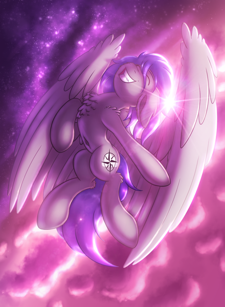 Size: 1980x2700 | Tagged: safe, artist:shad0w-galaxy, derpibooru import, oc, oc:laconic nocturne, unofficial characters only, pegasus, pony, cloud, commission, eyes closed, flying, galaxy, lens flare, smiling, solo, stars, sunset