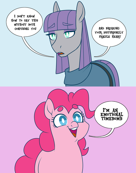 Size: 1280x1622 | Tagged: safe, artist:petalierre, derpibooru import, maud pie, pinkie pie, earth pony, pony, 2 panel comic, blue background, comic, dialogue, duo, female, irrational exuberance, mare, pink background, red vs blue, siblings, simple background, sisters, smiling, speech bubble