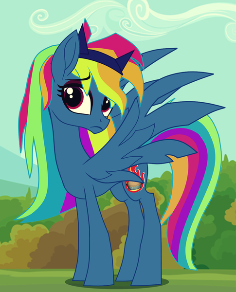 Size: 872x1079 | Tagged: safe, artist:galacticflashd, derpibooru import, rainbow dash, ponified, pegasus, pony, secrets and pies, adorapiehater, alternate design, alternate hairstyle, alternate universe, cute, equestria girls ponified, evil pie hater dash, eyelashes, eyeshadow, female, hairband, makeup, mare, sad, sadorable, show accurate, shy, shy dashie, solo