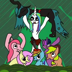 Size: 800x800 | Tagged: semi-grimdark, derpibooru import, applejack, fluttershy, pinkie pie, princess celestia, queen chrysalis, rainbow dash, rarity, twilight sparkle, changeling, changeling queen, earth pony, pony, unicorn, /mlp/, blood, dead, drawthread, female, knife, mane six, mare