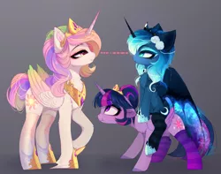 Size: 4344x3428 | Tagged: safe, artist:magnaluna, derpibooru import, princess celestia, princess luna, twilight sparkle, twilight sparkle (alicorn), alicorn, pony, alternate hairstyle, chest fluff, clothes, crown, cute, ear fluff, eye contact, female, flower, flower in hair, height difference, jewelry, looking at each other, mare, peytral, ponies riding ponies, profile, regalia, riding, royal sisters, scrunchy face, smiling, socks, stare, striped socks, trio, trio female, unshorn fetlocks