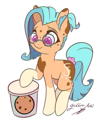 Size: 4000x5000 | Tagged: safe, artist:galinn-arts, derpibooru import, oc, oc:galinn light, earth pony, pony, colored, cookie, cutee, ear fluff, flat colors, food, glasses, markings, my little pony, ponytail, purple eyes, simple background, transparent background