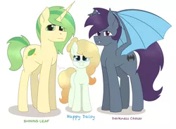 Size: 2562x1871 | Tagged: safe, artist:dyonys, derpibooru import, oc, oc:darkness chaser, oc:happy daisy, oc:shining leaf, unofficial characters only, bat pony, earth pony, pony, unicorn, adopted offspring, family, fangs, female, filly, male, mare, siblings, smiling, stallion, text