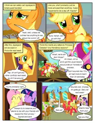 Size: 612x792 | Tagged: safe, artist:newbiespud, derpibooru import, edit, edited screencap, screencap, apple bloom, applejack, big macintosh, carrot top, fluttershy, golden harvest, granny smith, mayor mare, rainbow dash, twilight sparkle, winona, dog, earth pony, pegasus, pony, unicorn, comic:friendship is dragons, the last roundup, background pony, clothes, comic, desert, dialogue, eyes closed, female, filly, freckles, grin, hat, looking up, male, mare, scarf, screencap comic, smiling, stallion, tongue out, train, unicorn twilight, unshorn fetlocks, yoke