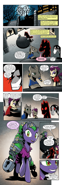 Size: 650x1910 | Tagged: safe, derpibooru import, edit, idw, high heel, long face, mane-iac, pharaoh phetlock, smudge (character), earth pony, pegasus, pony, unicorn, comic:friendship is dragons, spoiler:comic, spoiler:comicannual2014, balkham asylum, braid, chains, clothes, comic, dialogue, female, implied fluttershy, implied pinkie pie, implied rainbow dash, implied rarity, implied twilight sparkle, lock, male, mare, offscreen character, prison, prison outfit, shadow, smiling, stallion, text edit