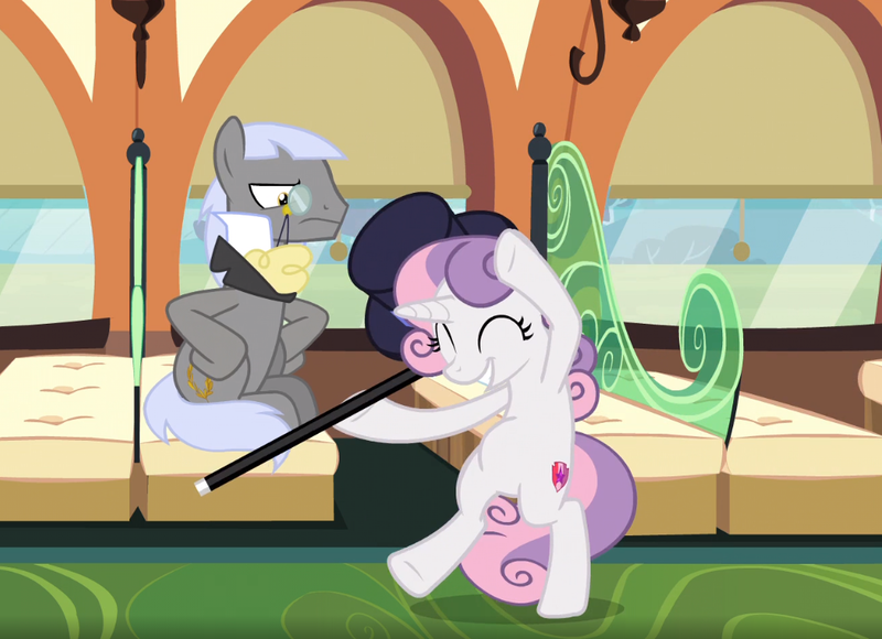 Size: 1056x766 | Tagged: safe, derpibooru import, screencap, caesar, count caesar, sweetie belle, earth pony, pony, unicorn, growing up is hard to do, being big is all it takes, bipedal, cane, cropped, cute, cutie mark, dancing, diasweetes, duo, excited, eyes closed, female, hat, holding, male, older, older sweetie belle, stallion, the cmc's cutie marks, top hat