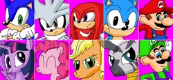 Size: 604x281 | Tagged: safe, artist:ericsonic18, derpibooru import, applejack, pinkie pie, twilight sparkle, twilight sparkle (alicorn), zecora, alicorn, earth pony, hedgehog, human, pony, zebra, classic sonic, crossover, crossover shipping, female, knuckles the echidna, luigi, luitwi, male, mario, mario & luigi, mariopie, mugen, nintendo, sega, shipping, silver the hedgehog, sonic the hedgehog, sonic the hedgehog (series), straight, super mario bros., video game