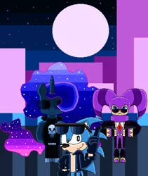 Size: 3790x4480 | Tagged: safe, artist:superhypersonic2000, derpibooru import, princess luna, alicorn, pony, city, clothes, crossover, jacket, moon, night, nights, nights into dreams, pixel art, sonic the hedgehog, sonic the hedgehog (series), sunglasses