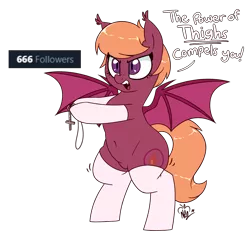 Size: 2300x2200 | Tagged: suggestive, artist:notenoughapples, derpibooru import, oc, oc:capillary, bat pony, pony, bat pony oc, bat wings, bipedal, clothes, crotch bulge, leggings, milestone, nudity, simple background, slit eyes, solo, speech, talking, transparent background, wings