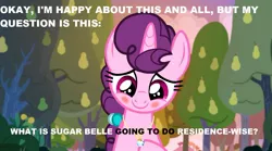 Size: 1280x713 | Tagged: blushing, cute, derpibooru import, description is relevant, edit, edited screencap, editor:thomasfan45, jewelry, necklace, pear orchard, pear tree, question, ring, safe, screencap, solo, sugar belle, text, the big mac question, tree, wedding ring