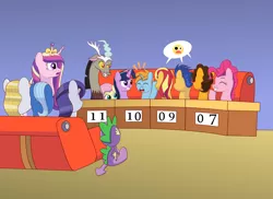 Size: 2000x1455 | Tagged: artist:trackheadtherobopony, cheese sandwich, derpibooru import, discord, dragon, female, flash sentry, fluttershy, gameshow, male, oc, oc:harmony star, pinkie pie, prince blueblood, princess cadance, quiz, rarity, safe, spike, sunset shimmer, trixie, twilight sparkle, winged spike