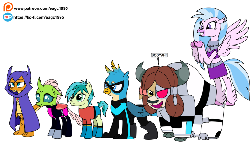 Size: 3751x2119 | Tagged: safe, artist:eagc7, derpibooru import, gallus, ocellus, sandbar, silverstream, smolder, yona, changedling, changeling, classical hippogriff, dragon, earth pony, gryphon, hippogriff, pony, yak, aqualad, beast boy, boots, bow, cloak, clothes, cloven hooves, colored hooves, commission, cyborg (teen titans), dc comics, dialogue, dragoness, female, gallus is not amused, hair bow, jewelry, ko-fi, male, midriff, monkey swings, necklace, nightwing, patreon, raven (teen titans), shoes, simple background, skirt, smolder is not amused, stallion, starfire, student six, superhero, teen titans, teenager, transparent background, unamused