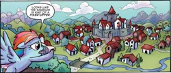 Size: 1102x471 | Tagged: safe, artist:agnesgarbowska, derpibooru import, idw, rainbow dash, pegasus, pony, friends forever, spoiler:comic, spoiler:comicff6, dimondia, female, flying, mare, official comic, river, solo, speech bubble, stream, town