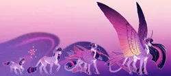 Size: 1339x597 | Tagged: safe, artist:turnipberry, deleted from derpibooru, derpibooru import, princess twilight 2.0, twilight sparkle, twilight sparkle (alicorn), alicorn, classical unicorn, pony, unicorn, the last problem, cheek feathers, cloven hooves, colored fetlocks, colored hooves, colored wings, curved horn, dewclaw, ethereal mane, female, filly, filly twilight sparkle, gradient background, gradient wings, horn, leonine tail, mare, pale belly, purple background, realistic anatomy, simple background, solo, spread wings, starry wings, teenager, ultimate twilight, unicorn twilight, unshorn fetlocks, winged hooves, wings, younger