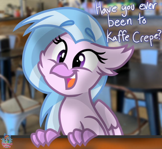 Size: 1092x1006 | Tagged: artist:rainbow eevee, cheek fluff, classical hippogriff, crepe, cute, derpibooru import, dialogue, diastreamies, female, hippogriff, irl, kaffe crepe, looking at you, missing accessory, photo, restaurant, safe, silverstream, solo, table, text