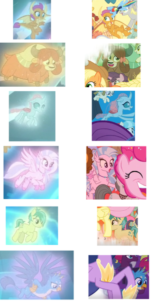 Size: 1086x2126 | Tagged: safe, derpibooru import, edit, edited screencap, screencap, angel bunny, applejack, autumn blaze, bon bon, cloudy quartz, coco pommel, derpy hooves, fluttershy, gallus, ocellus, pinkie pie, rainbow dash, rarity, sandbar, silverstream, smolder, sugar belle, sweetie drops, tempest shadow, twilight sparkle, twilight sparkle (alicorn), yona, zippoorwhill, alicorn, changedling, changeling, classical hippogriff, dragon, earth pony, gryphon, hippogriff, pony, school raze, the ending of the end, the last problem, leak, element of generosity, element of honesty, element of kindness, element of laughter, element of loyalty, element of magic, elements of harmony, mane six, spoilers in description, student six