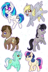 Size: 3600x5400 | Tagged: safe, artist:8bitgalaxy, derpibooru import, bon bon, derpy hooves, doctor whooves, lyra heartstrings, octavia melody, sweetie drops, time turner, vinyl scratch, earth pony, pegasus, pony, unicorn, adorabon, background six, chest fluff, chibi, cute, derpabetes, doctor who, doctorbetes, female, lyrabetes, male, mare, mouth hold, signature, simple background, sonic screwdriver, stallion, tavibetes, vinylbetes, white background