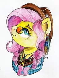 Size: 1024x1339 | Tagged: safe, artist:lailyren, artist:moonlight-ki, derpibooru import, fluttershy, pony, bust, ear piercing, earring, hat, hippieshy, jewelry, necklace, piercing, portrait, smiling, solo, sunglasses