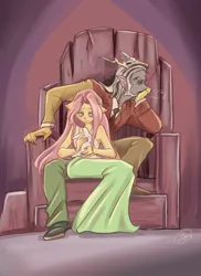 Size: 759x1042 | Tagged: safe, artist:dinakyo, derpibooru import, discord, fluttershy, anthro, rabbit, animal, clothes, discoshy, dress, female, male, shipping, straight, suit, throne