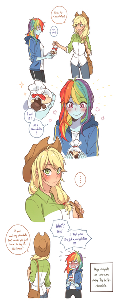 Size: 1000x2500 | Tagged: safe, artist:dcon, derpibooru import, applejack, rainbow dash, equestria girls, ..., appledash, bag, blushing, candy, comic, cute, dashabetes, female, food, holiday, jackabetes, lesbian, shipping, tsunderainbow, tsundere, valentine's day