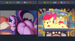 Size: 730x398 | Tagged: suggestive, artist:mricantdraw, derpibooru import, edit, edited screencap, screencap, apple bloom, twilight sparkle, pony, derpibooru, growing up is hard to do, adorasexy, bed, bow, butt, clothes, cropped, cute, dock, draw me like one of your french girls, female, implied lesbian, juxtaposition, juxtaposition win, lidded eyes, mare, meme, meta, miniskirt, older, older apple bloom, on bed, panties, pleated skirt, plot, prone, purple underwear, raised tail, reading, rear view, sexy, side, skirt, skirt lift, tail, thong, twibutt, underwear