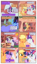 Size: 612x1061 | Tagged: safe, artist:newbiespud, artist:winged cat, derpibooru import, edit, edited screencap, screencap, rarity, earth pony, pony, unicorn, comic:friendship is dragons, ..., alternate hairstyle, bed, book, bookcase, collaboration, comic, covering ears, dialogue, eyes closed, female, freckles, golden oaks library, hair curlers, hanging, implied fluttershy, implied rainbow dash, mare, mouth hold, music notes, on back, pillow, pillow fight, ponyloaf, prone, rope, screencap comic, singing, smiling, wide eyes