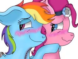 Size: 1024x768 | Tagged: semi-grimdark, derpibooru import, pinkie pie, rainbow dash, earth pony, pegasus, pony, cupcakes hd, bandage, blood, blushing, female, floppy ears, lesbian, pinkiedash, shipping, signature, simple background, smiling, stitches, white background