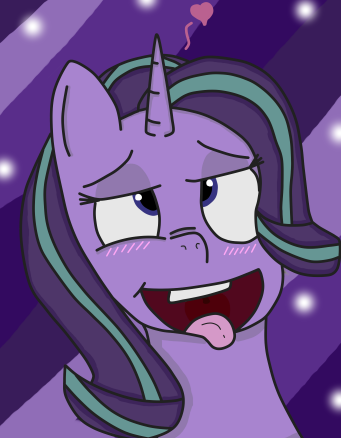 Size: 341x438 | Tagged: safe, artist:luyna, derpibooru import, starlight glimmer, pony, unicorn, ahegao, female, looking up, mare, open mouth, purple background, simple background, smiling, solo, teeth, tongue out