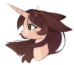 Size: 600x530 | Tagged: safe, artist:sinamuna, derpibooru import, oc, oc:cinnamon fawn, unofficial characters only, pony, unicorn, beautiful hair, big ears, brown hair, bust, ear fluff, female, green eyes, hazel eyes, headband, horn, long horn, mare, ponysona, profile, sharp horn, shiny hair, side view, simple background, smiling, solo, transparent background, wind blown hair