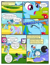 Size: 612x792 | Tagged: safe, artist:newbiespud, derpibooru import, edit, edited screencap, screencap, bluebell, cloud kicker, dizzy twister, flitter, merry may, orange swirl, parasol, pinkie pie, rainbow dash, rarity, thunderlane, pegasus, pony, unicorn, comic:friendship is dragons, hurricane fluttershy, angry, annoyed, background pony, barbell, baseball cap, blowing whistle, cap, comic, dialogue, eyes closed, female, flying, grin, hat, male, mare, on back, onomatopoeia, screencap comic, smiling, stallion, weight lifting, whistle, wing hands, wings
