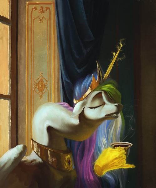 Size: 1700x2050 | Tagged: safe, artist:bra1neater, derpibooru import, princess celestia, alicorn, pony, are you frustrated?, coffee, crown, female, fine art emulation, hand, jewelry, long neck, magic, magic hands, mare, meme, morning ponies, necc, pinky out, princess necklestia, regalia, solo, vile, wat