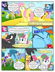 Size: 612x792 | Tagged: safe, artist:newbiespud, derpibooru import, edit, edited screencap, screencap, applejack, blossomforth, crescent pony, derpy hooves, dizzy twister, fluttershy, lightning bolt, mane moon, orange swirl, pinkie pie, rainbow dash, sassaflash, silverspeed, sunshower raindrops, twilight sparkle, white lightning, earth pony, pegasus, pony, unicorn, comic:friendship is dragons, hurricane fluttershy, background pony, background pony audience, baseball cap, blowing whistle, cap, comic, dialogue, eyes closed, female, flying, freckles, glowing horn, grin, hat, hooves, horn, levitation, looking up, magic, male, mare, nervous, onomatopoeia, open mouth, raised hoof, scared, screencap comic, smiling, spread wings, stallion, telekinesis, tree, unicorn twilight, whistle, wings