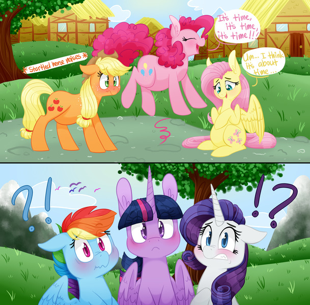 Size: 2500x2462 | Tagged: safe, artist:cartoonboyfriends, derpibooru import, applejack, fluttershy, pinkie pie, rainbow dash, rarity, twilight sparkle, twilight sparkle (alicorn), alicorn, pony, comic, floppy ears, hoof on belly, image, implied labor, implied magical lesbian spawn, jpeg, labor, mane six, preggo jack, preggoshy, preggy pie, pregnant, startled, surprised, tree