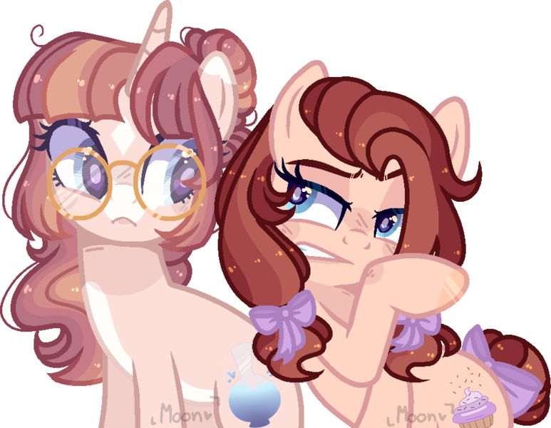 Size: 946x734 | Tagged: safe, artist:moon-rose-rosie, derpibooru import, oc, oc:chocolate sprinkles, oc:rosalina, unofficial characters only, earth pony, pony, unicorn, base used, blushing, female, glasses, mare, offspring, parent:cheese sandwich, parent:pinkie pie, parents:cheesepie, simple background, transparent background, white outline