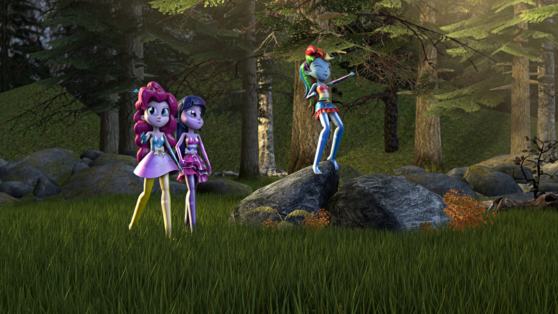 Size: 3840x2160 | Tagged: safe, artist:popa-3d-animations, derpibooru import, pinkie pie, rainbow dash, twilight sparkle, equestria girls, 3d, barefoot, clothes, dress, fall formal outfits, feet, forest