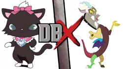 Size: 960x540 | Tagged: cat, crossover, death battle, death battle x, derpibooru import, diana (jewelpet), discord, draconequus, exploitable meme, female, jewelpet, male, mega poneo strikes again, meme, safe, sanrio, sega, story in the source