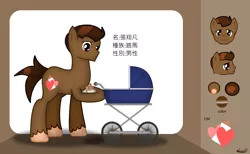 Size: 1465x900 | Tagged: safe, artist:99999999000, derpibooru import, oc, oc:zhang xiangfan, pony, baby bottle, baby carriage, bottle, chinese text, male, reference sheet, solo, translation request