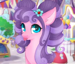 Size: 4514x3848 | Tagged: safe, artist:bellfa, derpibooru import, petunia petals, earth pony, pony, rainbow roadtrip, :p, chest fluff, commission, cute, ear fluff, female, flower, flower in hair, freckles, looking at you, mare, petalbetes, silly, solo, tongue out, ych result
